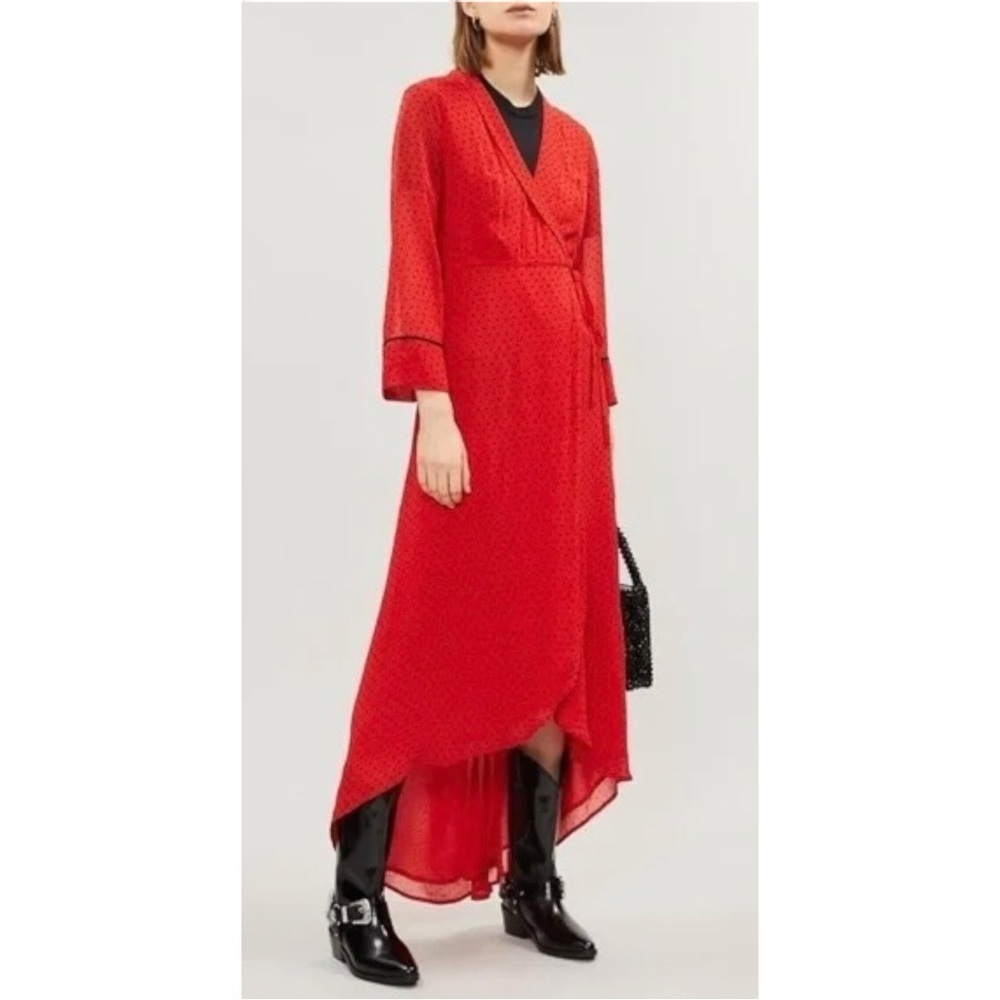 GANNI Mullin Georgette Red Aymmetric Polka Dot Long Sleeve Wrap Midi Maxi Dress